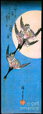 Paintings - Three Wild Geese Flying Downward across the Moon by Utagawa Hiroshige