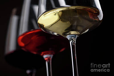 Wine Royalty-Free and Rights-Managed Images - Three Wine glasses with red white and rose wine on black background by Jelena Jovanovic