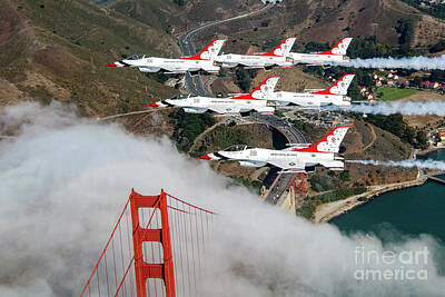 Fashion Paintings Rights Managed Images - Thunderbirds Delta flies over the Golden Gate Bridge Royalty-Free Image by Ashley Corkins