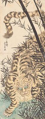 Animals Paintings - Tiger and Bamboo 1850 Utagawa Yoshikazu Japanese 1845-1870 by Utagawa Yoshikazu