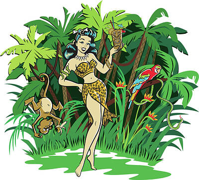 Food And Beverage Drawings - Tiki pinup goddess holding a cocktail standing in the jungle comic style by Julien