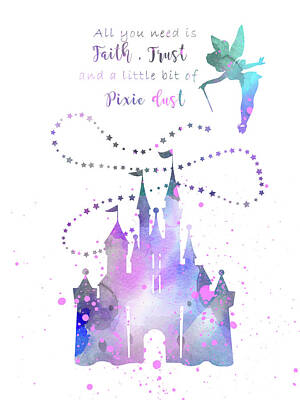 Fantasy Digital Art - Tinker Bell Disney castle and quote watercolor  by Mihaela Pater