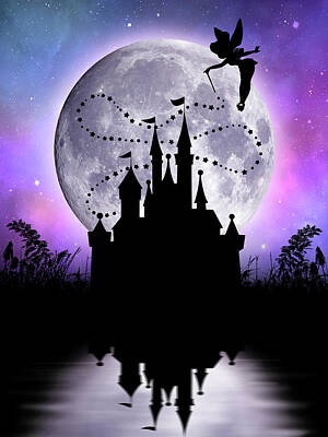 Fantasy Digital Art - Tinkerbell and Disney castle under  full moon by Mihaela Pater