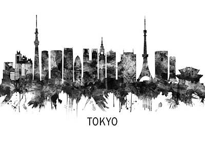 City Scenes Mixed Media - Tokyo Japan Skyline BW by NextWay Art