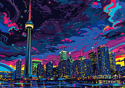 Abstract Postage Stamps - Torontos CN Tower piercing the night sky with its lights by Cortez Schinner