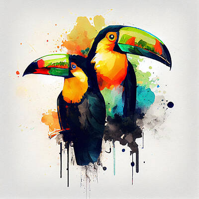 Birds Digital Art - Toucan  and  macaw  abstract  black  outline  details  febeb  ccd  b    fc by Asar Studios by Celestial Images