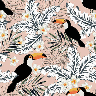 Floral Digital Art - Toucans,  graphic palm leaves,  plumeria flowers,  pale pink background. floral seamless pattern. Tropical illustration. Exotic plants,  birds. Summer beach design. Paradise nature by Julien