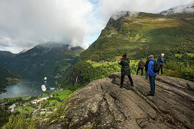 Queen - Tourists on Lookout Point Above Geirangerfjorden Taking Photogra by Darryl Brooks