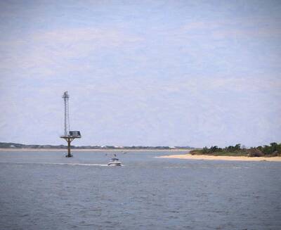 Black And White Beach - Tower And Boat Near Oak Island 2022a by Cathy Lindsey
