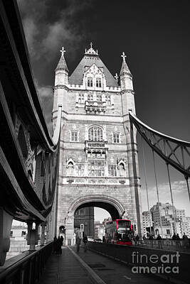 Monochrome Landscapes - Tower bridge with red bus by Ann Biddlecombe