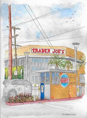 Skylines Paintings - Trader Joes, Fairfax and 3rd, Los Angeles, California by Carlos G Groppa