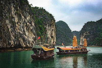 Antique Maps - Traditional Vietnamese Junk Sailing Boats on Halong Baby by Rebecca Herranen