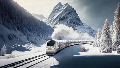 Lilies Digital Art - Train in a Mountains Winter I by Lily Malor