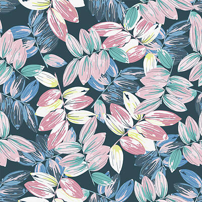 Floral Drawings Rights Managed Images - Trendy floral background with large exotic tropical leaves in style watercolor. Twigs with colorful leaves scattered random. Vintage seamless pattern Royalty-Free Image by Julien