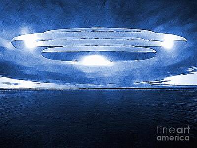 Science Fiction Royalty Free Images - Triple Tier UFO over the Coast of Scotland Digital Artwork 02 Royalty-Free Image by Douglas Brown