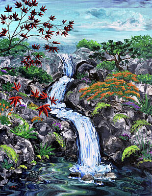 Reptiles Paintings - Triple Waterfall and Turtle by Laura Iverson