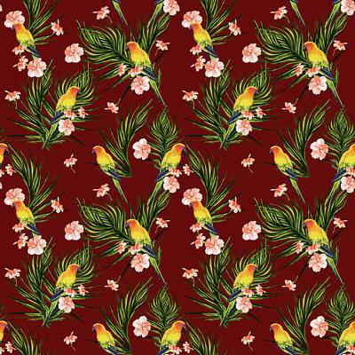 Royalty-Free and Rights-Managed Images - Tropical Floral Parrot Pattern - Maroon by Studio Grafiikka