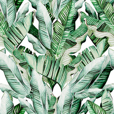 Food And Beverage Drawings - Tropical leaves and banana leaves pattern by Julien