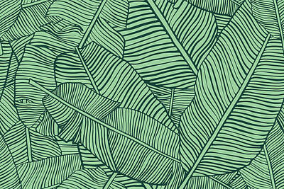 Food And Beverage Drawings - Tropical leaves. Seamless texture with banana leaf. Hand drawn tropic foliage. Exotic green background. by Julien
