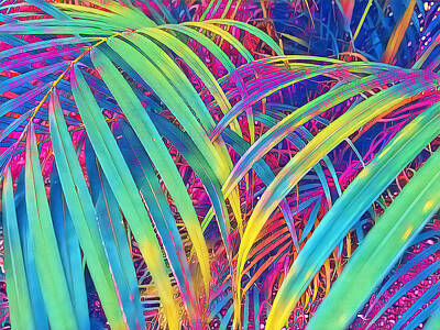Floral Drawings Rights Managed Images - Tropical palm leaf texture background. Palm leaf illustration. Botanical ornament. Exotic leaf top view. Neon leaf background. Psychedelic tropical garden Royalty-Free Image by Julien