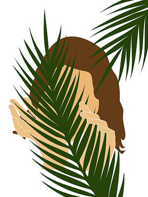 Beach Mixed Media - Tropical Reverie 2 - Modern, Minimal Illustration - Girl and Palm Leaves - Aesthetic Tropical Vibes by Studio Grafiikka