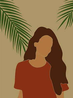 Royalty-Free and Rights-Managed Images - Tropical Reverie - Modern Minimal Illustration 07 - Girl, Palm Leaves - Tropical Aesthetic - Brown by Studio Grafiikka