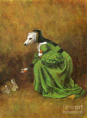 Surrealism Painting Rights Managed Images - Tudor Whippet Lady With Rabbits Royalty-Free Image by Michael Thomas
