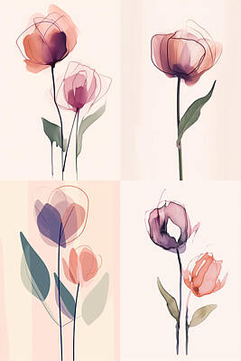 Abstract Flowers Paintings - tulips  and  lotus  flower  abstract  minimalistic  by Asar Studios by Celestial Images