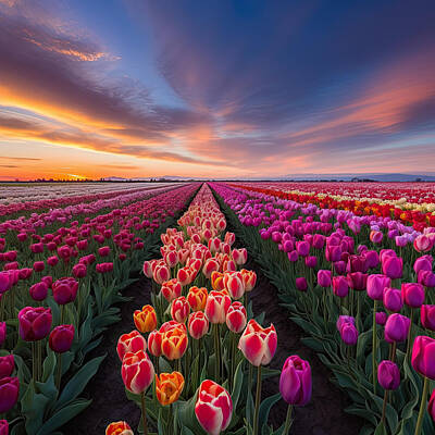 Lilies Digital Art - Tulips Field at Sunset I by Lily Malor