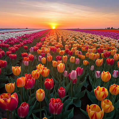 Lilies Royalty-Free and Rights-Managed Images - Tulips Field at Sunset II by Lily Malor