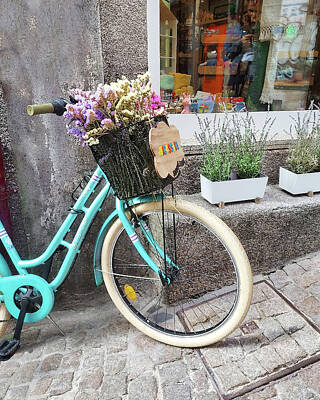 Transportation Digital Art - Turquoise Blue Bicycle With Basket Of Flowers Near Window Shop by Irina Sztukowski