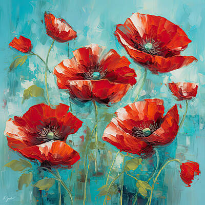Royalty-Free and Rights-Managed Images - Turquoise Poppies - Red And Turquoise Art by Lourry Legarde