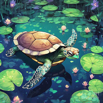 Reptiles Drawings - Turtle Amidst Floating Lily Pads by Adrien Efren