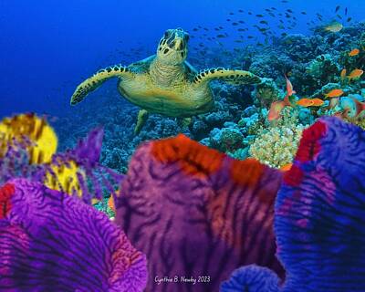 Reptiles Digital Art - Turtle and Coral EMA 2023 by Cindy