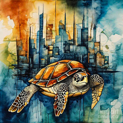 Reptiles Drawings - Turtle Architect Building a Turtle City by Adrien Efren