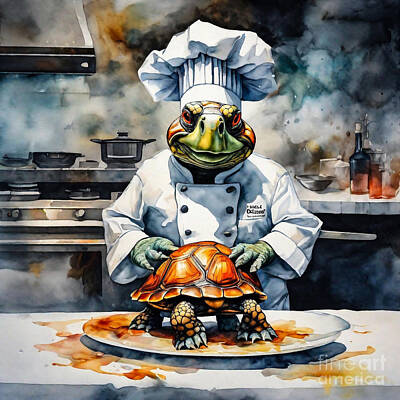 Reptiles Drawings Royalty Free Images - Turtle as a Chef in a Gourmet Kitchen Royalty-Free Image by Adrien Efren