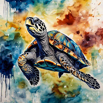 Reptiles Drawings Royalty Free Images - Turtle as a Cosmic Explorer Royalty-Free Image by Adrien Efren