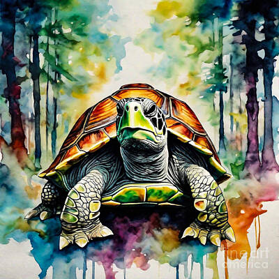 Reptiles Drawings - Turtle as a DJ at a Forest Rave by Adrien Efren