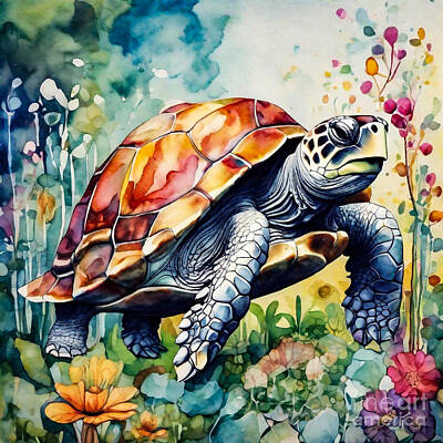 Reptiles Drawings Royalty Free Images - Turtle as a Gardener in a Whimsical Garden Royalty-Free Image by Adrien Efren