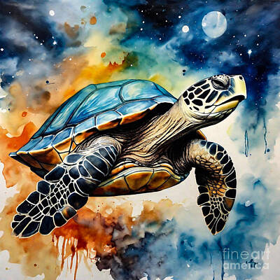 Reptiles Drawings Royalty Free Images - Turtle as a Guardian of a Celestial Realm Royalty-Free Image by Adrien Efren