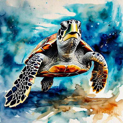 Reptiles Drawings - Turtle as a Guardian of a Celestial Sea by Adrien Efren