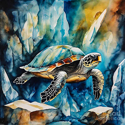 Reptiles Drawings - Turtle as a Guardian of a Crystal Cave by Adrien Efren