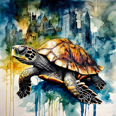 Reptiles Drawings - Turtle as a Guardian of a Forgotten Fantasy Metropolis by Adrien Efren