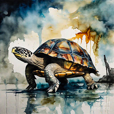 Reptiles Drawings - Turtle as a Guardian of a Forgotten Ruin by Adrien Efren