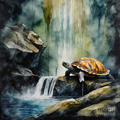 Reptiles Drawings - Turtle as a Guardian of a Forgotten Waterfall by Adrien Efren
