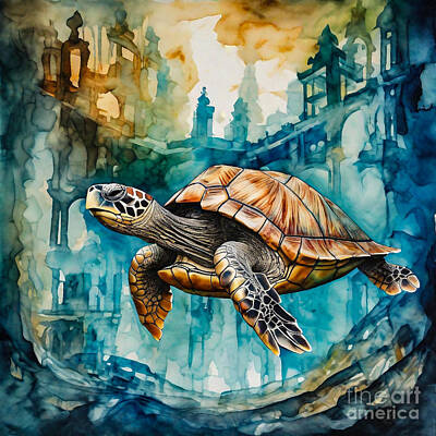 Reptiles Drawings - Turtle as a Guardian of a Hidden Temple by Adrien Efren