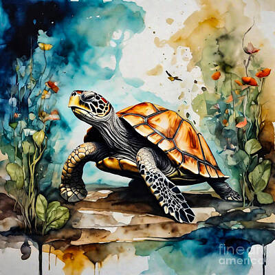 Reptiles Drawings Royalty Free Images - Turtle as a Guardian of a Secret Garden Royalty-Free Image by Adrien Efren