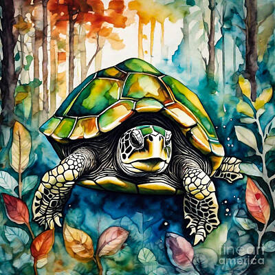Reptiles Drawings - Turtle as a Guardian of a Whimsical Forest by Adrien Efren