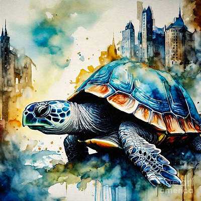Reptiles Drawings - Turtle as a Guardian of a Whispering Fantasy Metropolis by Adrien Efren