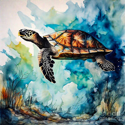 Reptiles Drawings - Turtle as a Guardian of a Whispering Fantasy Wilderness by Adrien Efren